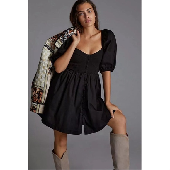 ANTHROPOLOGIE | Maeve Sweetheart Mini Dress Black Puff Sleeve - Picture 1 of 6